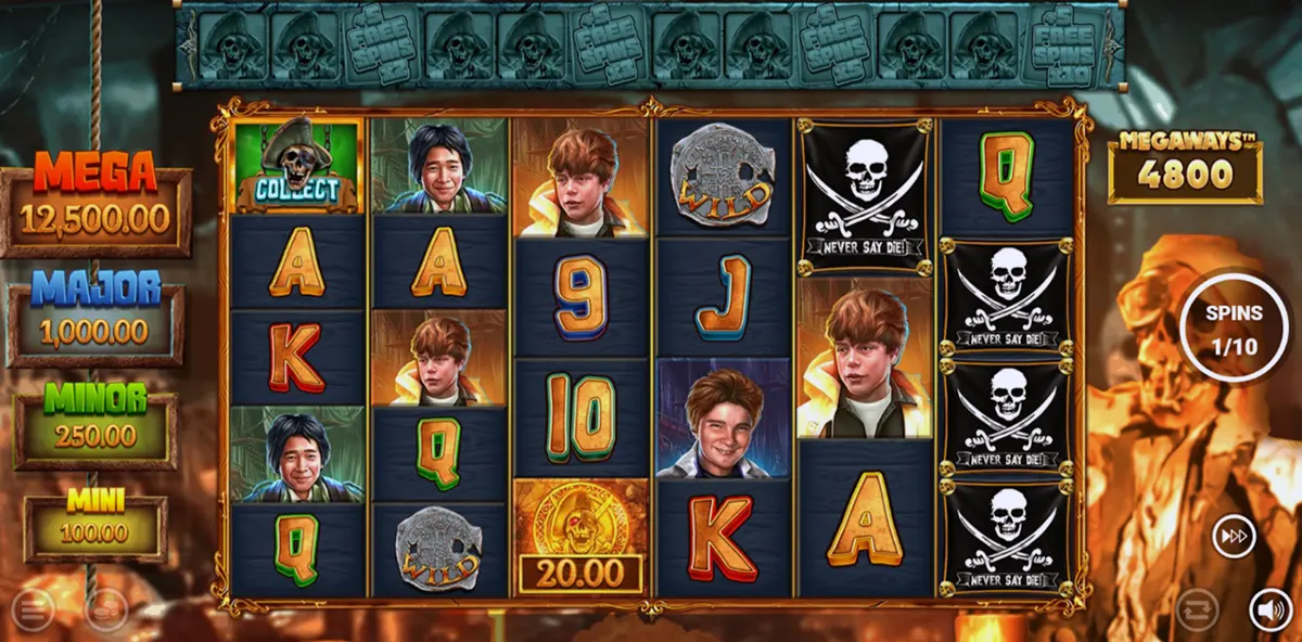 Free spins screen from a pirate-themed Megaways slot, showing character portraits and card symbols on the reels, stacked skull flags, jackpot meters on the left, “Megaways 4800” at the top, and a “Spins 1/10” counter on the right.