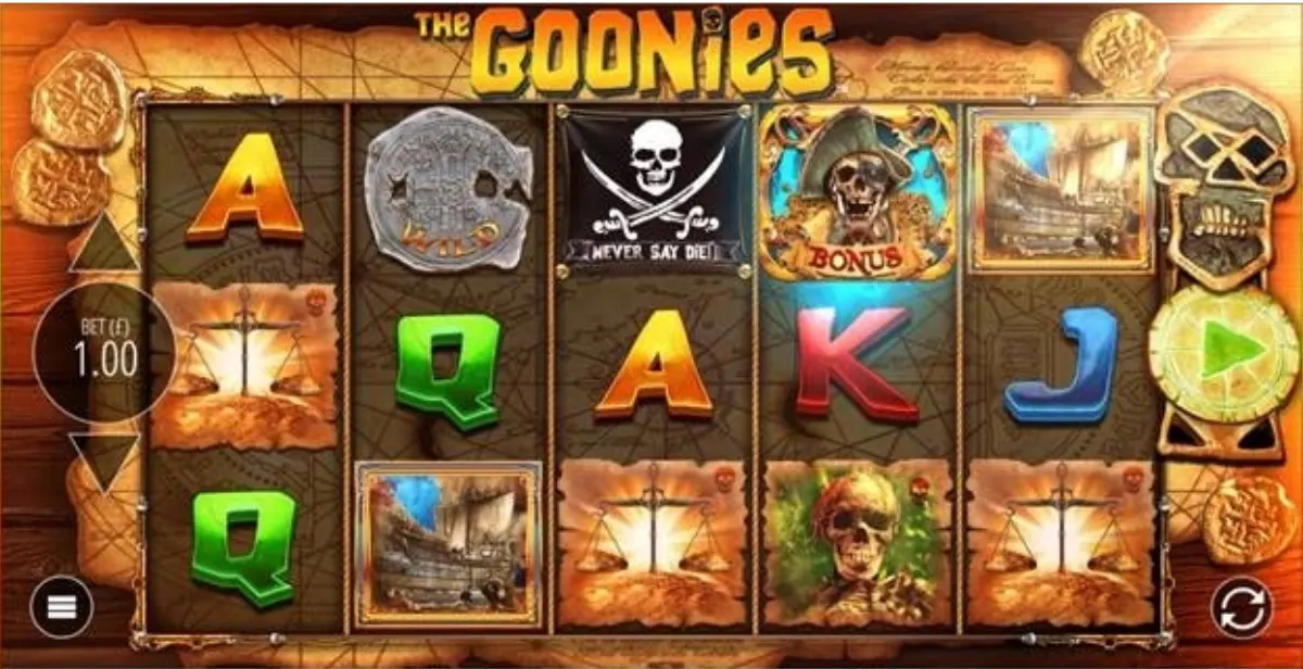 Gameplay screen from The Goonies slot, with pirate-themed reels showing A–K–Q–J symbols, skull-and-crossbones tiles, a “BONUS” pirate icon, and a large green spin button on the right.